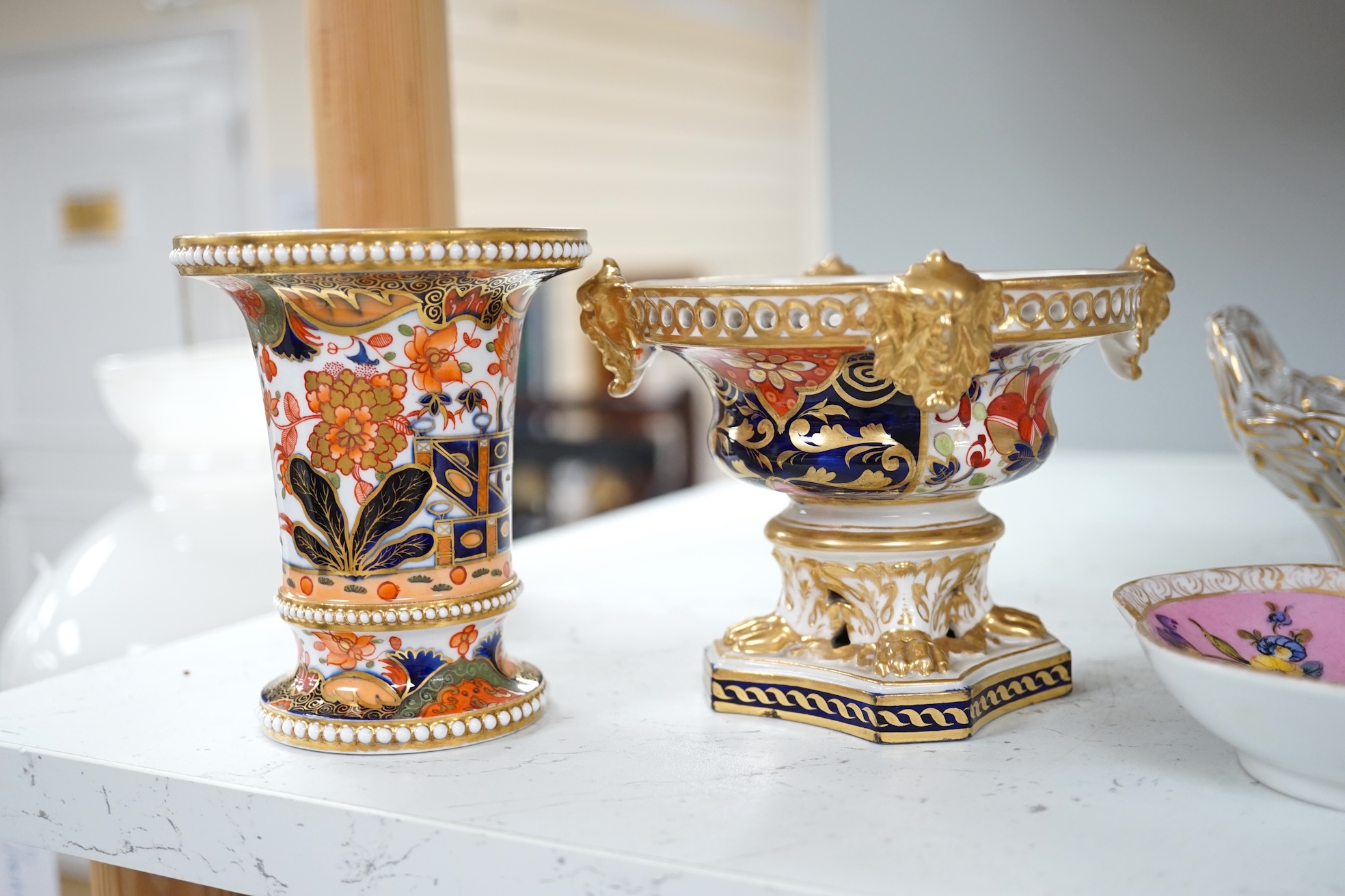 Three Imari pattern ceramic pots, a Crook’s pierced floral decorated plate, diameter 21cm, a pierced Dresden basket, and a small dish. Condition - fair to good.